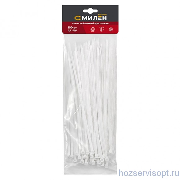 Хомуты нейлоновые для стяжки Милен, белые, 3,6*200 мм, (в уп.100 шт/100) Хомуты нейлоновые для стяжки Милен, белые, 3,6*200 мм, (в уп.100 шт/100)