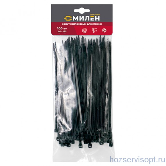 Хомуты нейлоновые для стяжки Милен, чёрные, 3,6*150 мм, (в уп.100 шт/100) Хомуты нейлоновые для стяжки Милен, чёрные, 3,6*150 мм, (в уп.100 шт/100)