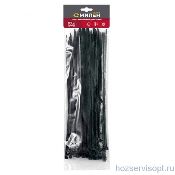 Хомуты нейлоновые для стяжки Милен, чёрные, 3,6*250 мм, (в уп.100 шт/50) Хомуты нейлоновые для стяжки Милен, чёрные, 3,6*250 мм, (в уп.100 шт/50)